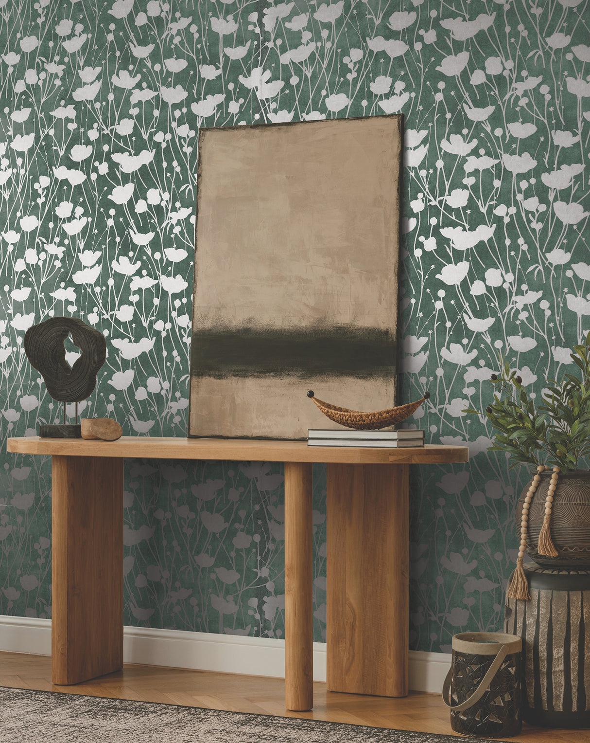 Shimmering Poppies Green & Silver by Ronald Redding Wallpaper – York Designer Series ZA8068