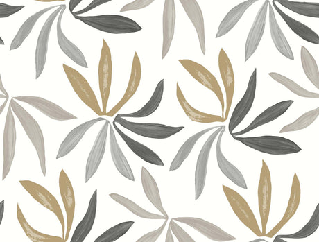 York Wallcoverings Little Garden wallpaper in Graphite & Gold with painterly palm leaves, 27 in x 27 ft roll.