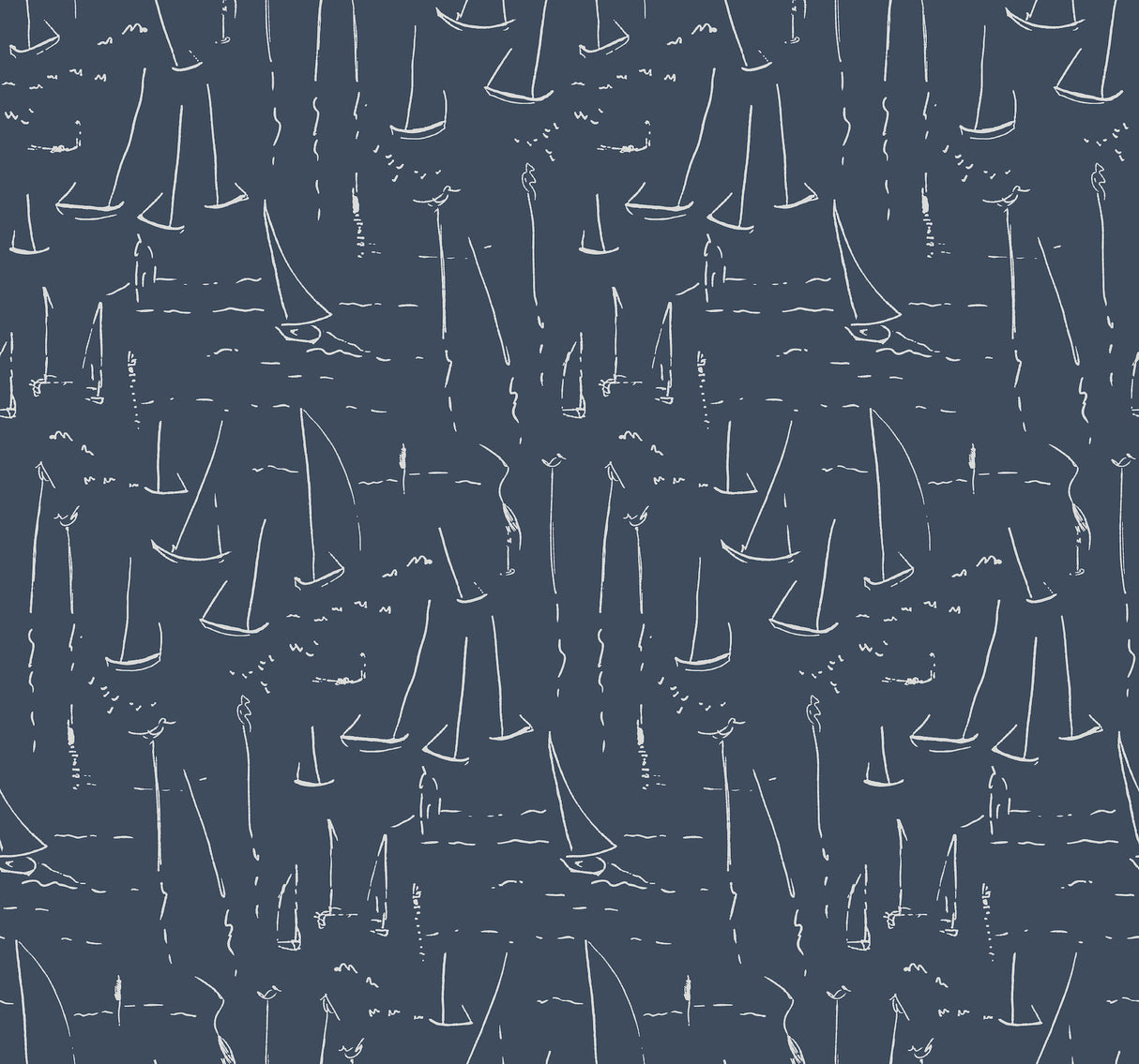 York Vermillion Coast Ultramarine wallpaper with white sailboat outlines on navy blue.