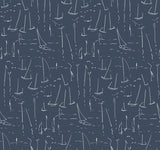 York Vermillion Coast Ultramarine wallpaper with white sailboat outlines on navy blue.