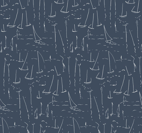 York Vermillion Coast Ultramarine wallpaper with white sailboat outlines on navy blue.