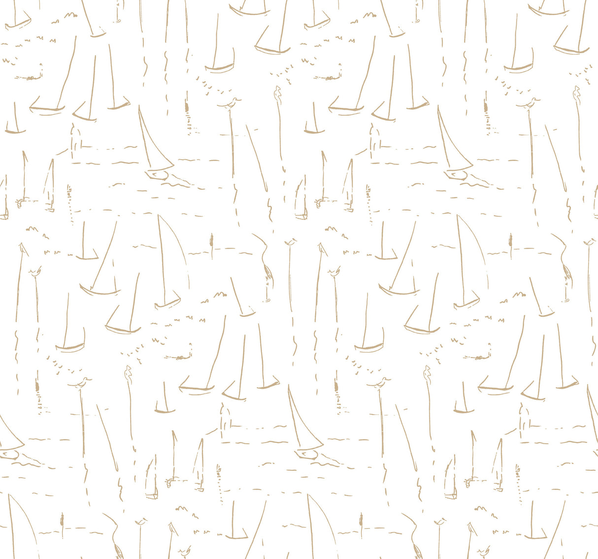 Vermillion Coast Gold wallpaper by York Wallcoverings, metallic gold sailboat line art on white, pattern ZM2845