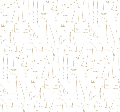 Vermillion Coast Gold wallpaper by York Wallcoverings, metallic gold sailboat line art on white, pattern ZM2845