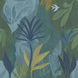 Chambord Gardens Ultramarine wall mural with painterly tropical leaves in blues and greens