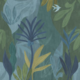 Chambord Gardens Ultramarine wall mural with painterly tropical leaves in blues and greens