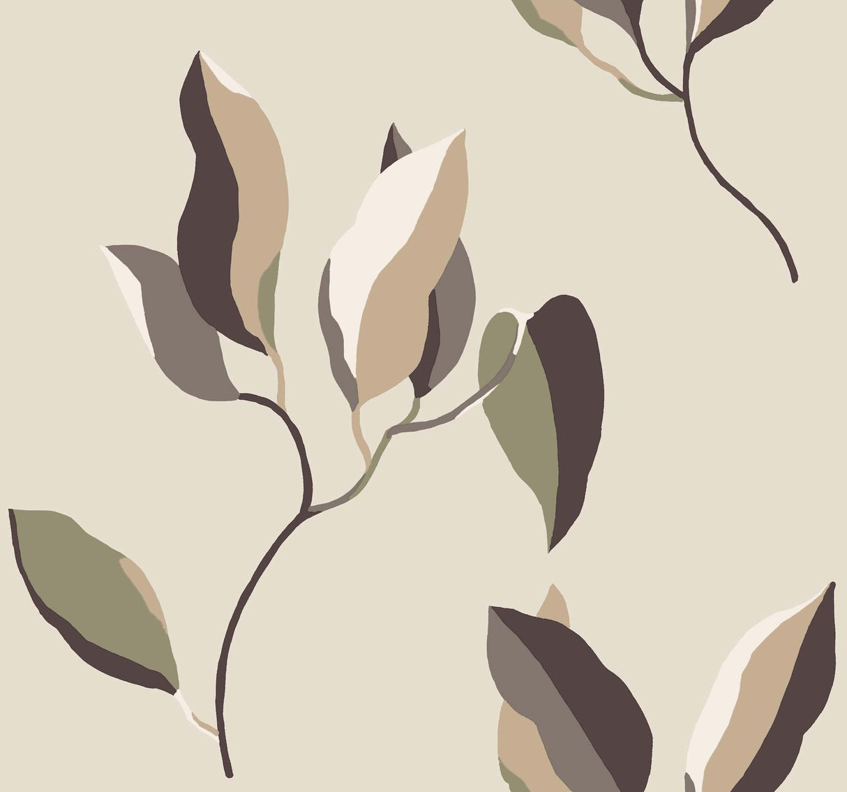 York Brushwork Branches Violet wallpaper with modern botanical leaves on beige ground