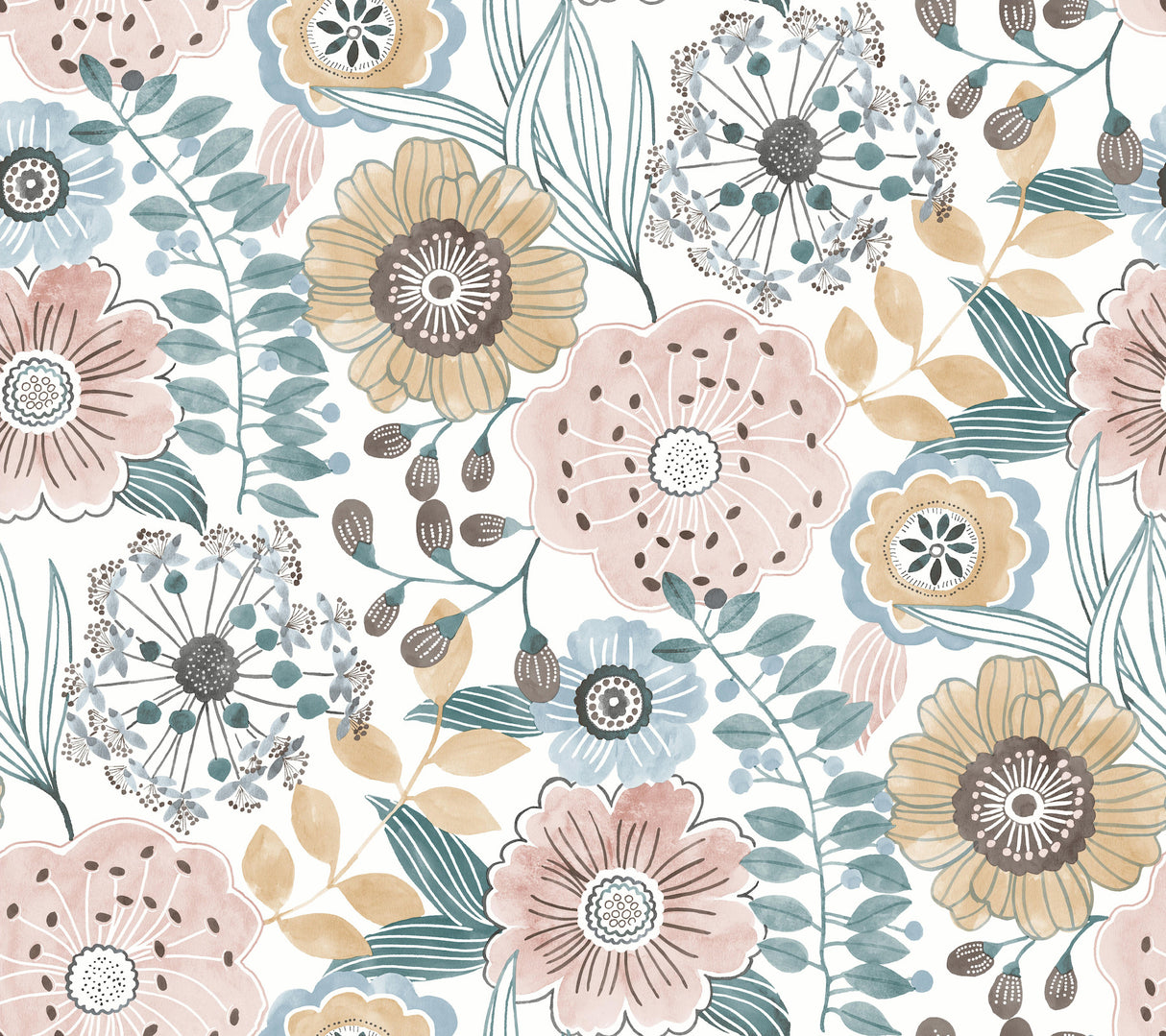 Artistic Bouquet Ochre & Ocean Floral Wallpaper – York Wallcoverings ZM2891
