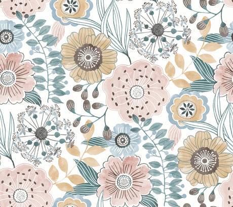 Artistic Bouquet Ochre & Ocean Floral Wallpaper – York Wallcoverings ZM2891