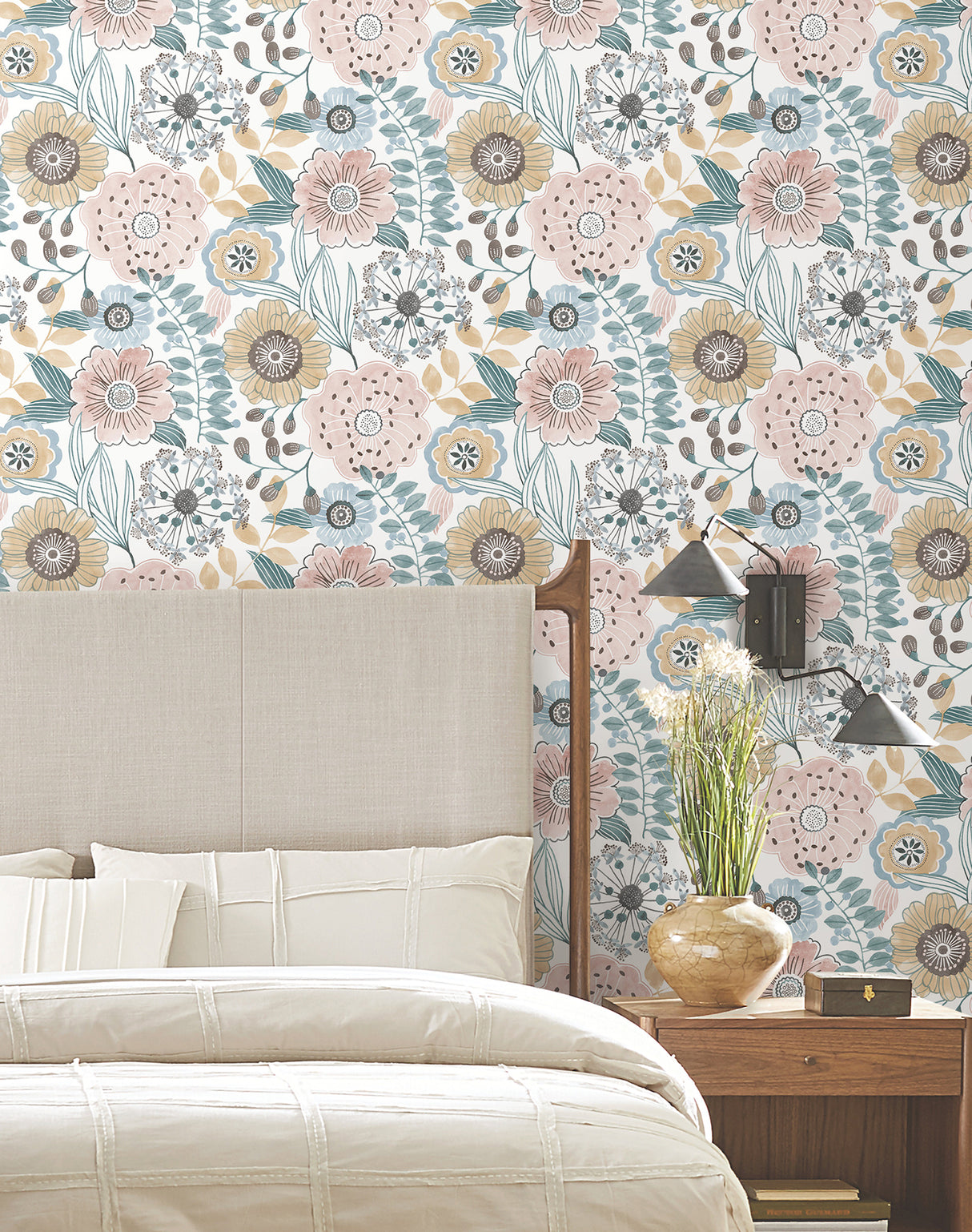 Artistic Bouquet Ochre & Ocean by York Wallcoverings Floral Wallpaper – York Wallcoverings ZM2891
