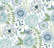 Artistic Bouquet Alpine & Leaf Wallpaper by York Wallcoverings ZM2892 - Whimsical watercolor wildflower and greenery pattern in blue, aqua, and green on a white background