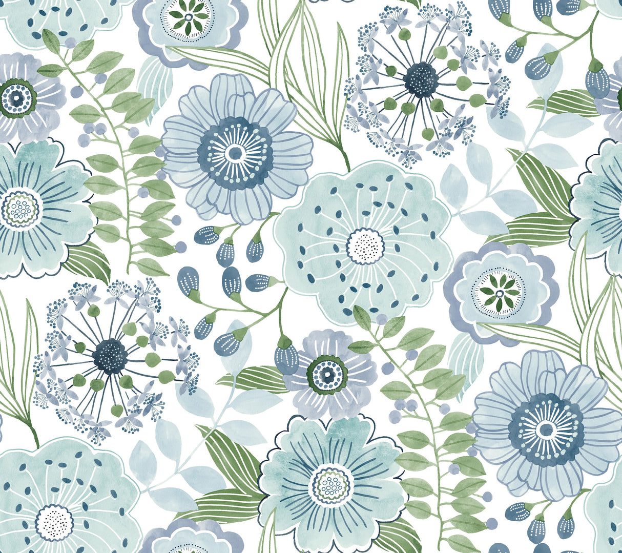Artistic Bouquet Alpine & Leaf Wallpaper by York Wallcoverings ZM2892 - Whimsical watercolor wildflower and greenery pattern in blue, aqua, and green on a white background