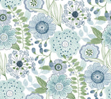 Artistic Bouquet Alpine & Leaf Wallpaper by York Wallcoverings ZM2892 - Whimsical watercolor wildflower and greenery pattern in blue, aqua, and green on a white background