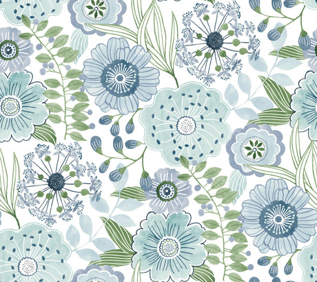 Artistic Bouquet Alpine & Leaf Wallpaper by York Wallcoverings ZM2892 - Whimsical watercolor wildflower and greenery pattern in blue, aqua, and green on a white background