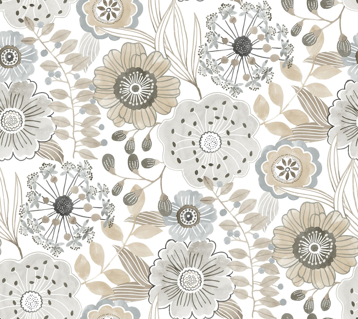 Artistic Bouquet Neutral whimsical floral wallpaper by York Wallcoverings, 27 in x 27 ft (60.8 sq ft), SKU ZM2894