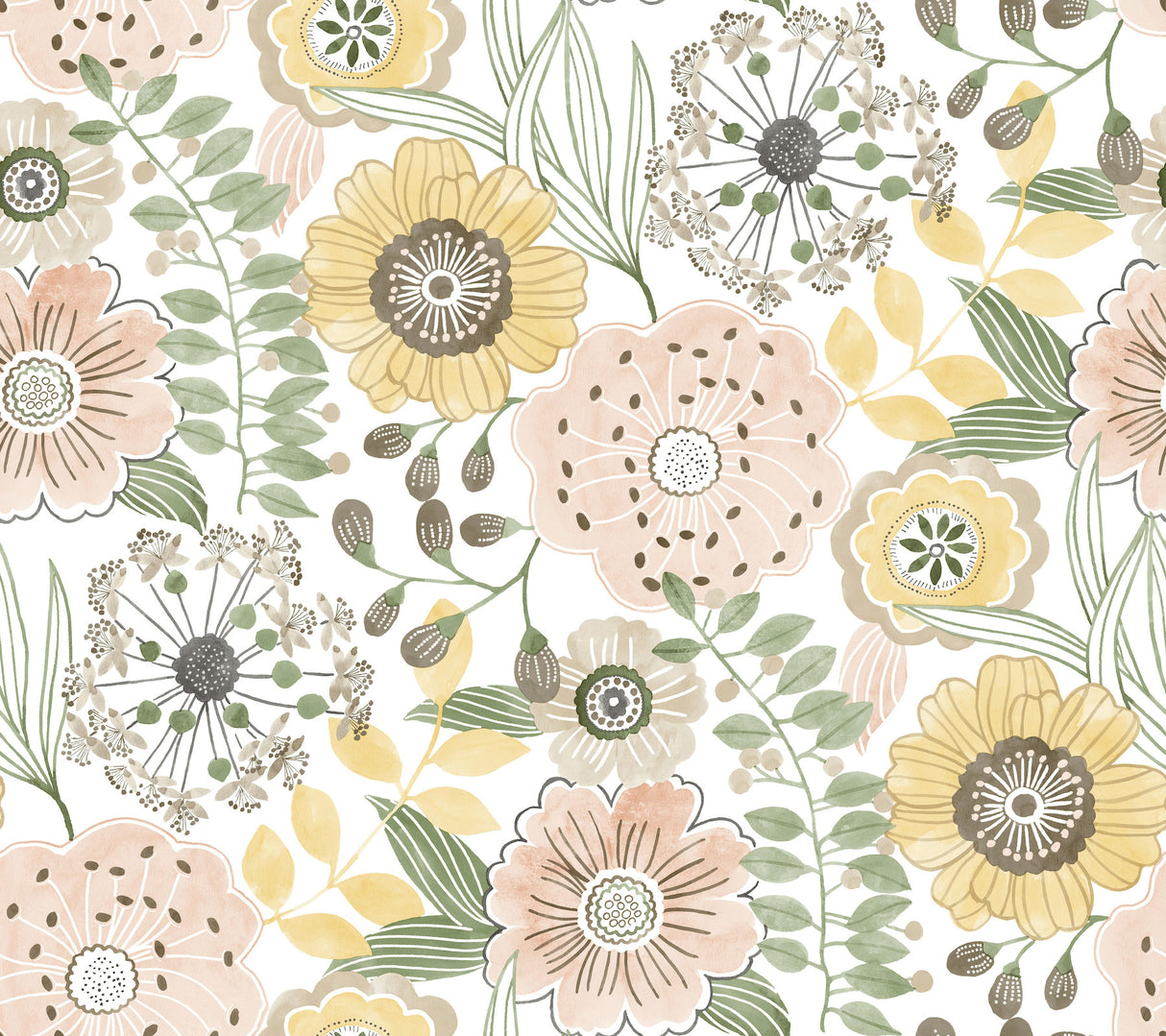 Artistic Bouquet Coral & Lemon floral wallpaper by York Wallcoverings, pattern ZM2895