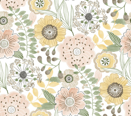 Artistic Bouquet Coral & Lemon floral wallpaper by York Wallcoverings, pattern ZM2895