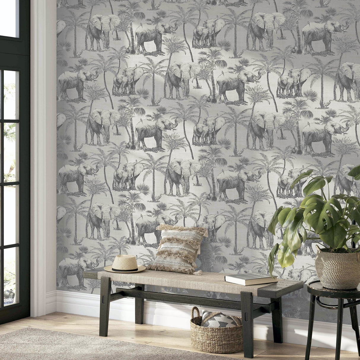 Adelia Neutral by Arthouse Elephant Grove Wallpaper – Brewster AH296700