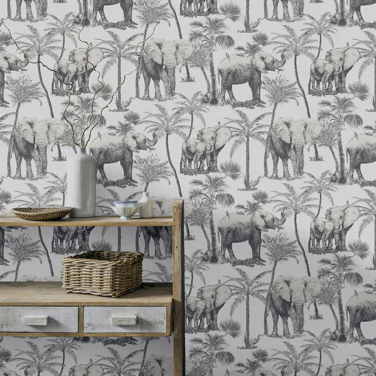 Adelia Neutral by Arthouse Elephant Grove Wallpaper – Brewster AH296700