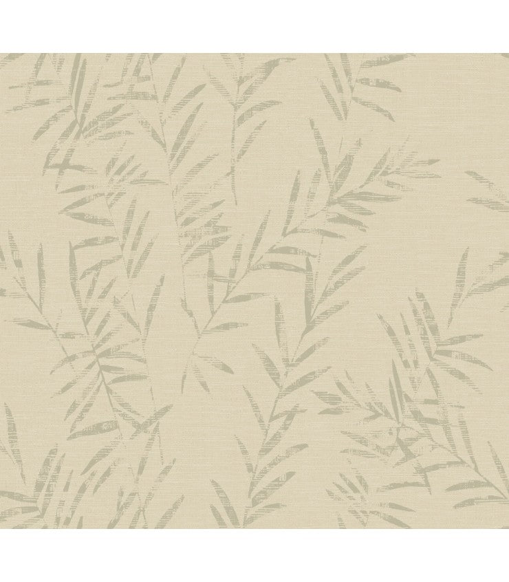Allerton Bamboo Linen wallpaper detail with bamboo leaf pattern in beige and grey.
