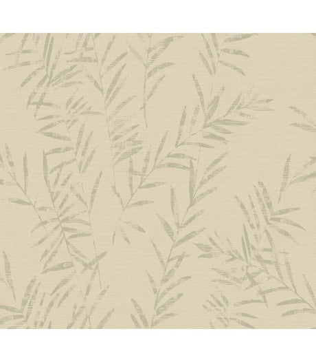 Allerton Bamboo Linen wallpaper detail with bamboo leaf pattern in beige and grey.