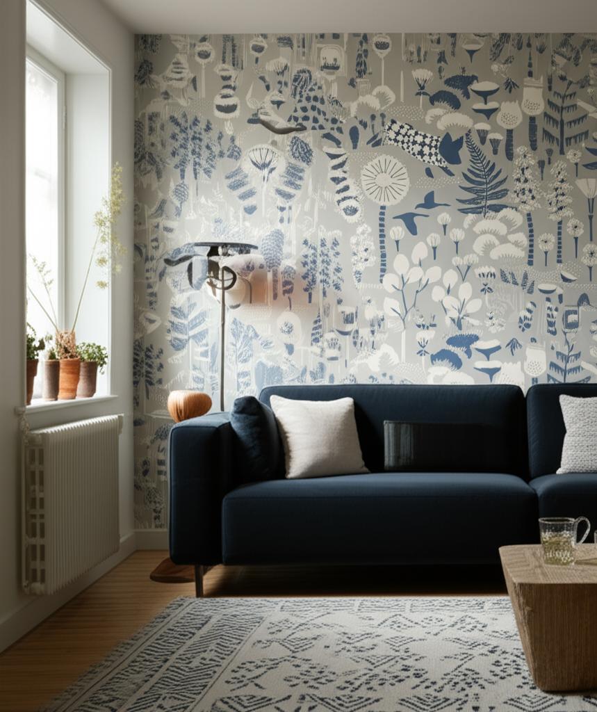 Hoppmosse Dove and Blue by Boråstapeter Whimsical Piglet and Botanical Wallpaper – Schumacher 1454