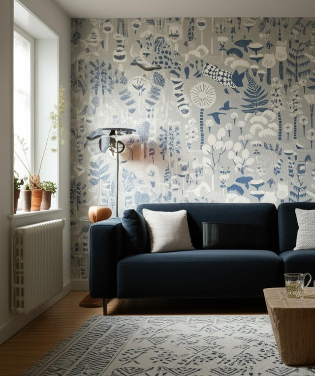 Hoppmosse Dove and Blue by Boråstapeter Whimsical Piglet and Botanical Wallpaper – Schumacher 1454