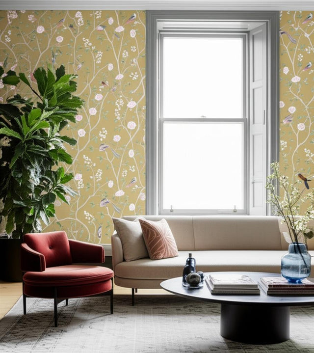 Paradise Birds Gold by Boråstapeter Scenic Floral Wallpaper – Schumacher 1902