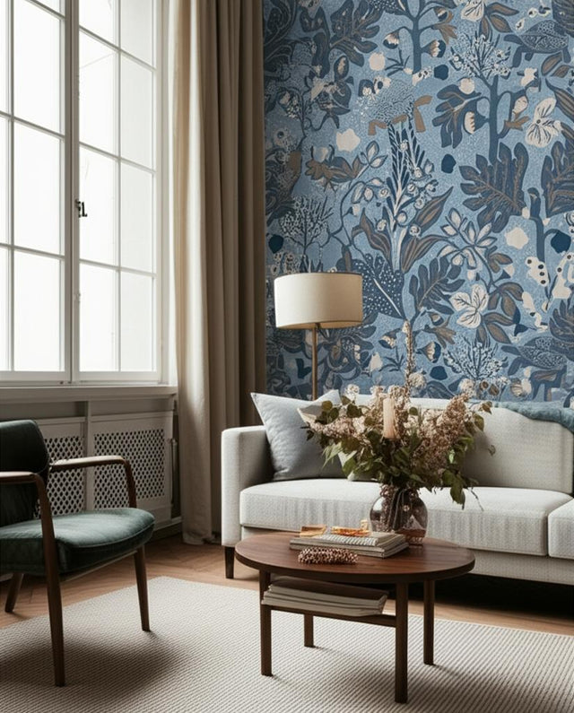 Turgräs Blue Whimsical Scandinavian Botanical Wallpaper – Boråstapeter Schumacher 2091