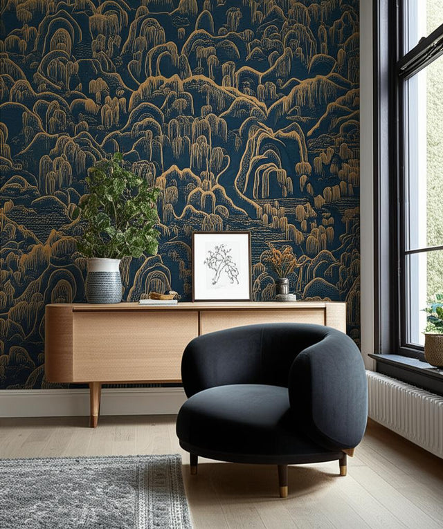 Indigo Garden Indigo and Gold by Boråstapeter Scenic Wallpaper – Schumacher 3132
