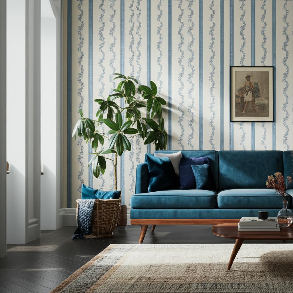 Drottningholm Blue Floral Stripe Wallpaper by Boråstapeter – Schumacher 4509