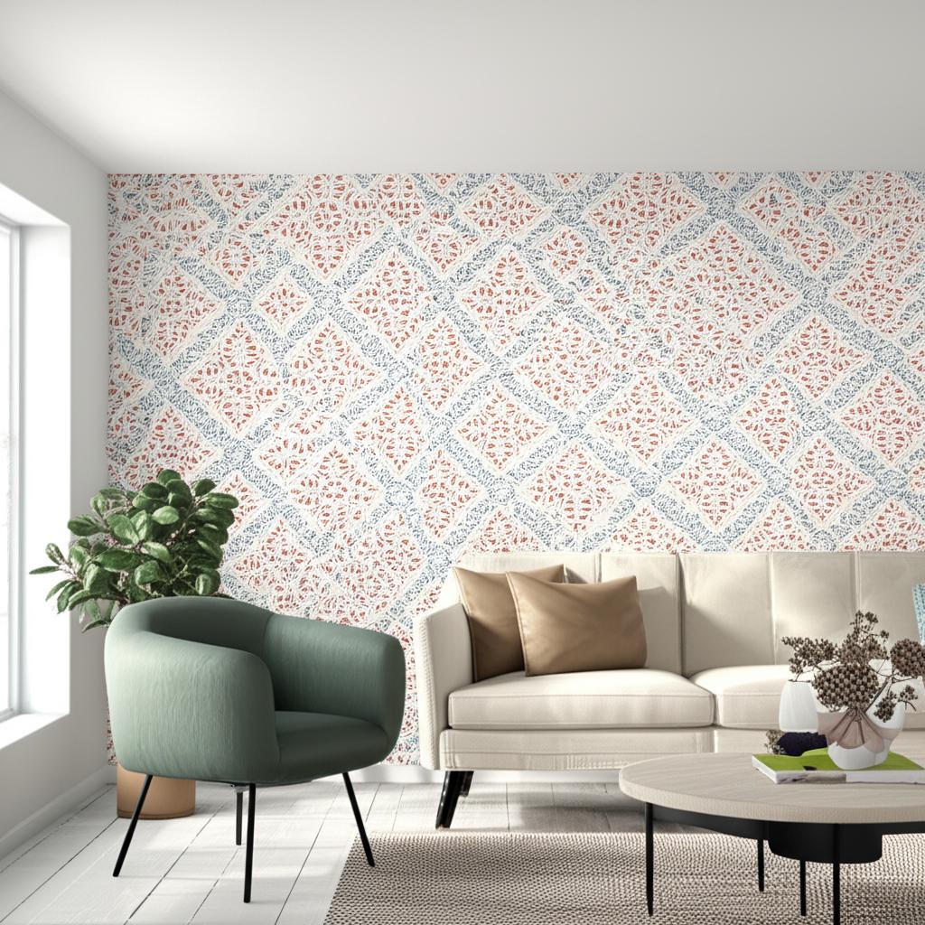 Nyborg Blue and Red Trellis Wallpaper by Boråstapeter – Schumacher 4514
