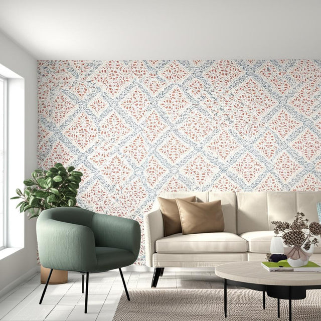 Nyborg Blue and Red Trellis Wallpaper by Boråstapeter – Schumacher 4514