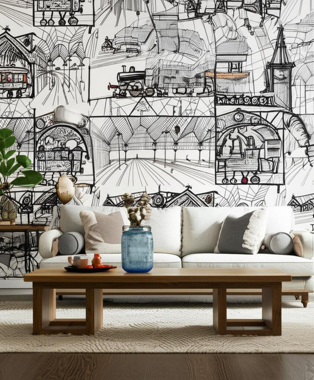 TRAINS Multi on White by Schumacher Whimsical Wall Mural – Schumacher 2703940