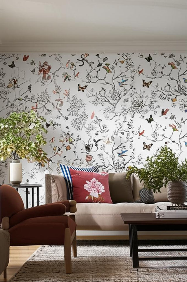 Birds & Butterflies Multi on White by Schumacher Whimsical Birds and Butterflies Wallpaper – Schumacher 2704420
