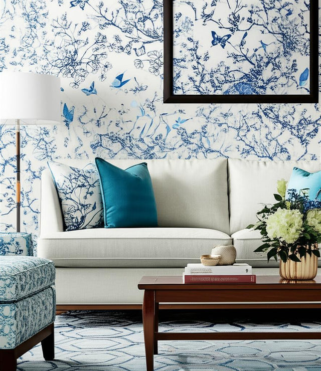 Birds & Butterflies Porcelain by Schumacher Painterly Blue Wallpaper – Flight of Fancy 2704421