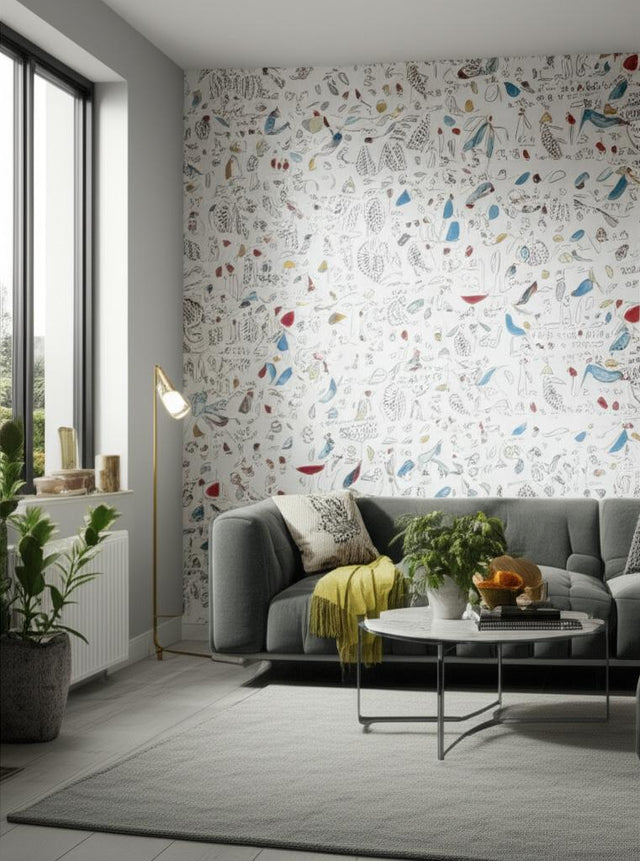 Aviary Multi on White Whimsical Bird Wallpaper – Schumacher 2705511