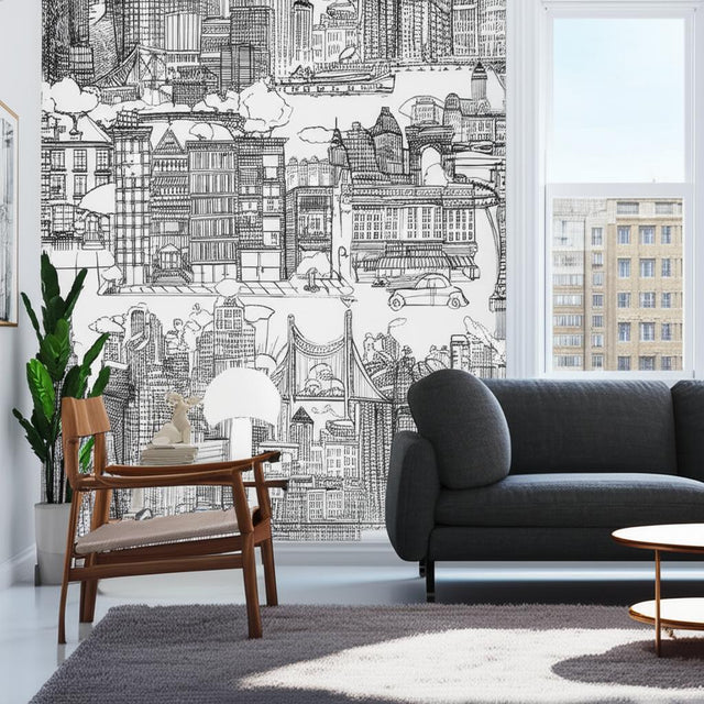 New York New York Black on White Cityscape Wallpaper – Schumacher 2705530