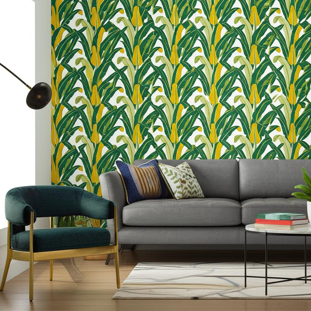 Tropical Isle Green on White Palm Leaf Wallpaper – Schumacher 2707230