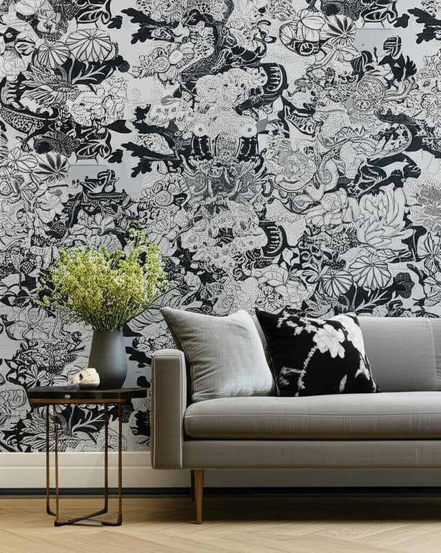 Chiang Mai Dragon Smoke by Schumacher Chinoiserie Dragon Floral Wallpaper – Schumacher 5001066