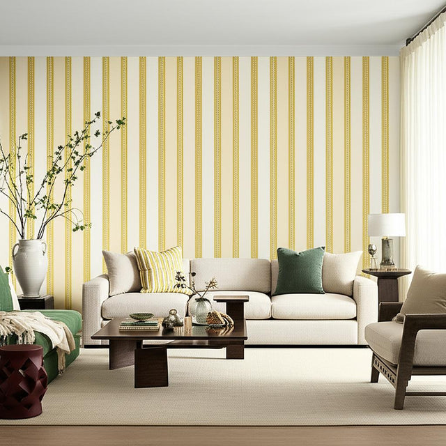 Valais Stripe Soft Yellow by Schumacher Classic Stripe Wallpaper – Schumacher 5002471
