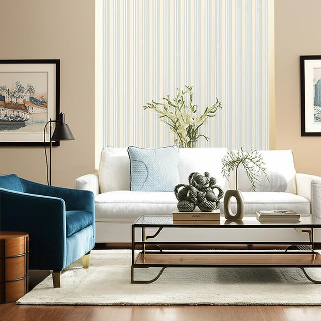 Chalon Stripe Sky by Schumacher Essential Collection Classic Stripe Wallpaper – Schumacher 5002483