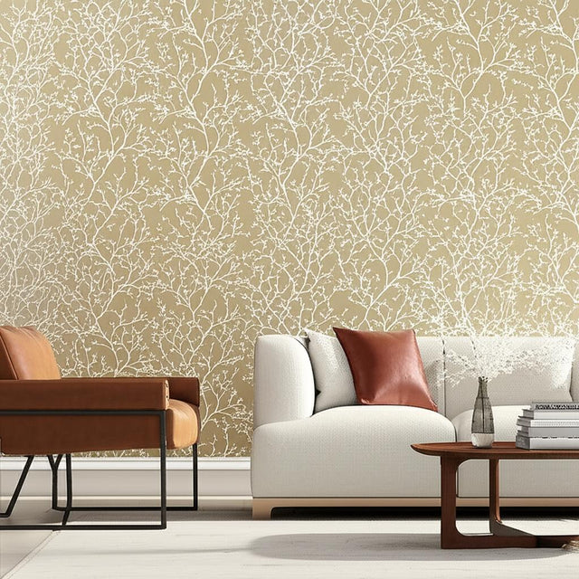 Twiggy Champagne by Schumacher Delicate Branches Scenic Wallpaper – Schumacher 5003341