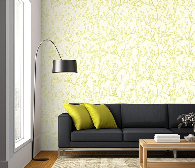 Twiggy Soft Chartreuse by Schumacher Delicate Flowering Branches Wallpaper – Schumacher 5003342