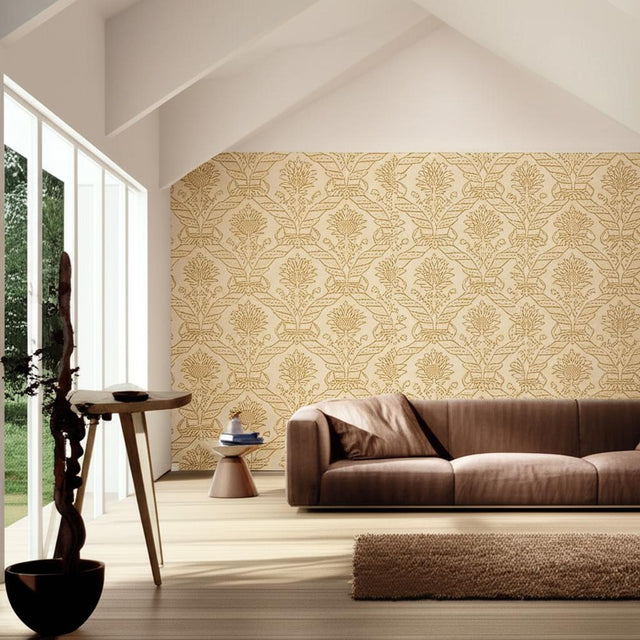 Siena Damask Natural by Schumacher Palazzo Collection Damask Wallpaper – Schumacher 5003650