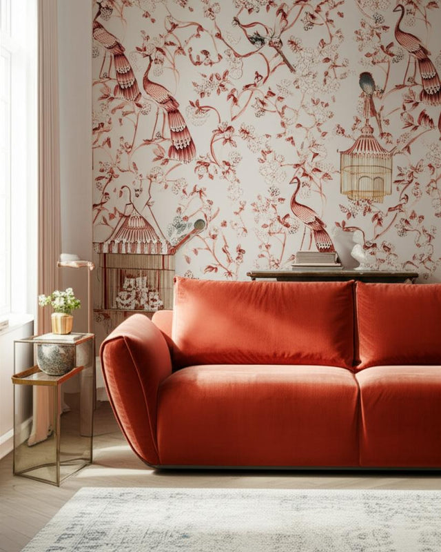 OISEAUX ET FLEURS Cinnabar by Schumacher Scenic Birds and Florals Wallpaper – Schumacher 5004082