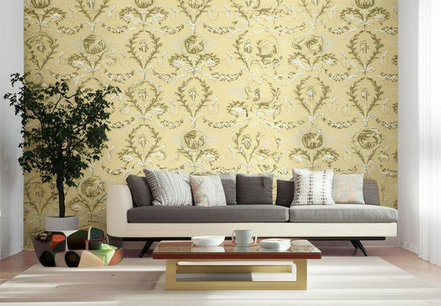 Jester Arabesque Sunlight by Schumacher Perennial Favorites Traditional Damask Wallpaper – Schumacher 5004112