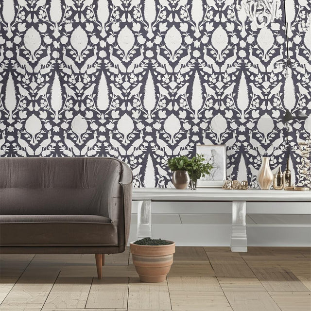 Chenonceau Charcoal by Schumacher Enchanting Flora and Fauna Damask Wallpaper – Schumacher 5004123