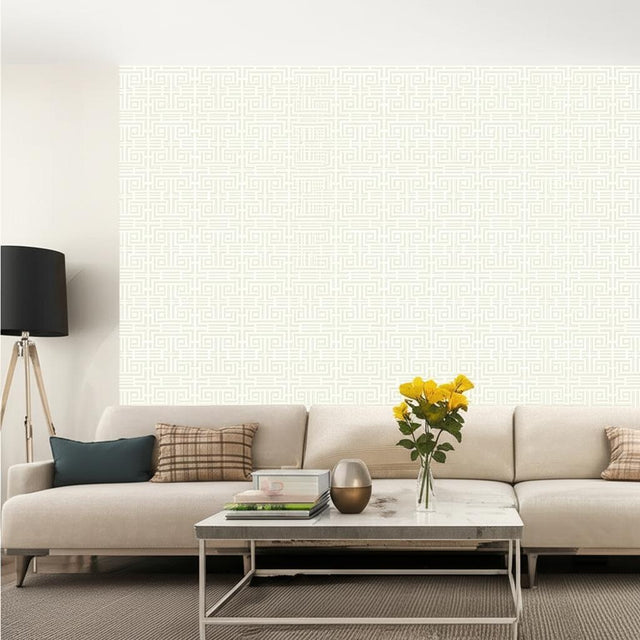 Chinois Fret Alabaster by Schumacher Geometric Wallpaper – Schumacher 5004160