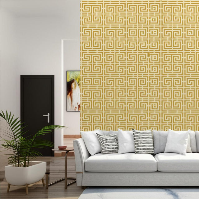 Chinois Fret Sand by Schumacher Classic Chinese Fretwork Geometric Wallpaper – Schumacher 5004164
