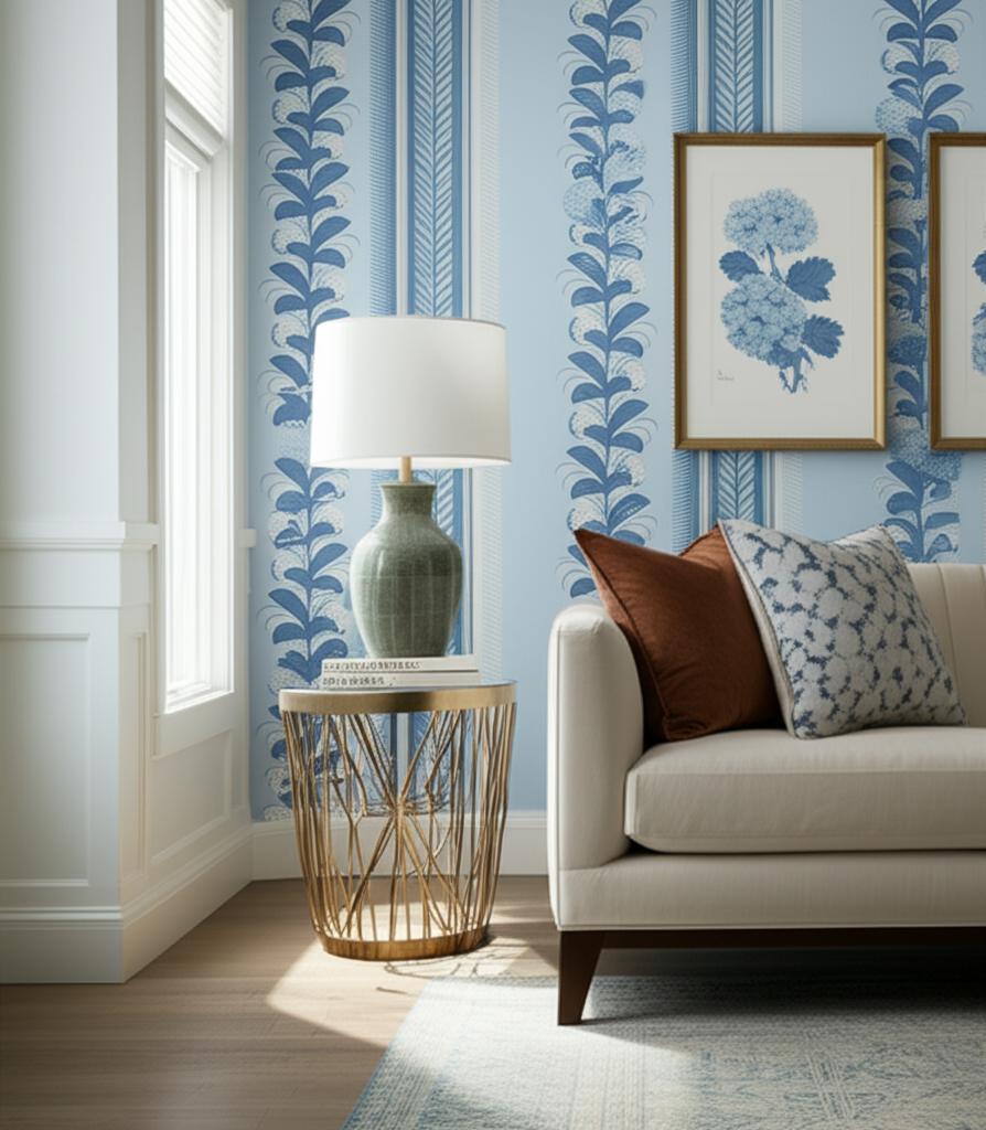 Hydrangea Drape Delft Blue Floral Stripe Wallpaper – Schumacher 5004454